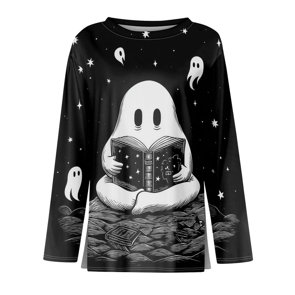 Haut à manches longues et col rond pour femme avec imprimé Halloween et fente latérale à l'ourlet pour un look décontracté de fête