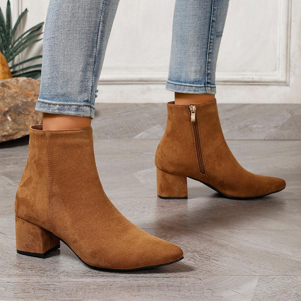 New fashion pointed solid color test zipper fashion boots women's suede four-season medium heel short boots