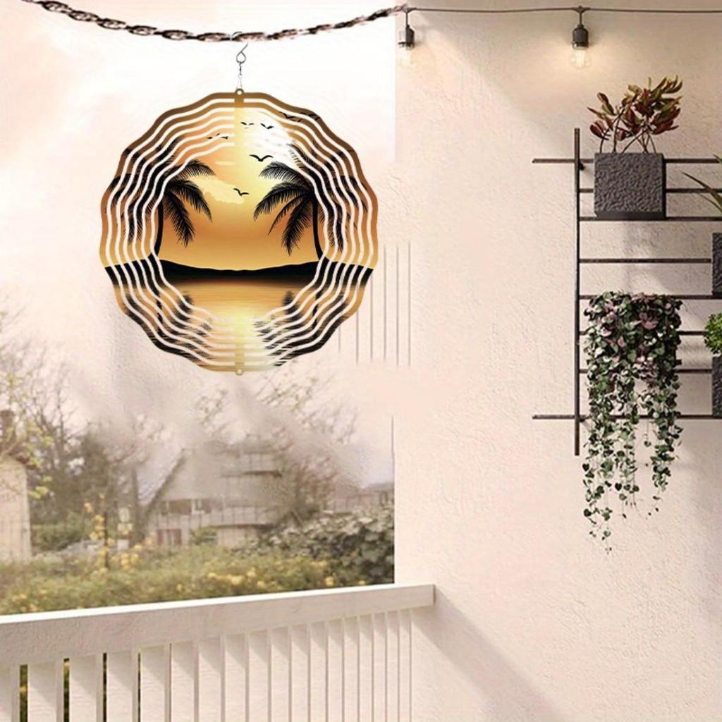 Double Coconut Tree Sunset Reflection Wind Chime with 360 Hook Metal Garden Decor for Outdoor Balcony Lawn Spring Summer Fall Winter