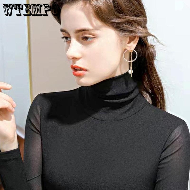 WTEMPO Korean High Neck Stretchy Mesh Bottoming Shirts Women's Spring and Autumn Simple Solid Long Sleeve Slim T-Shirts