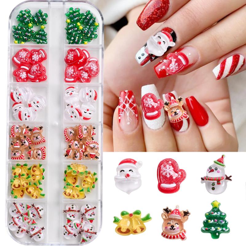 12 Kratek 36/60 Sztuk Kawaii Mini Bałwan Choinka Charmsy do Paznokci 3D Renifer Święty Mikołaj Rhinestonesy do Paznokci Żywiczne Boże Narodzenie Klejnoty do Paznokci