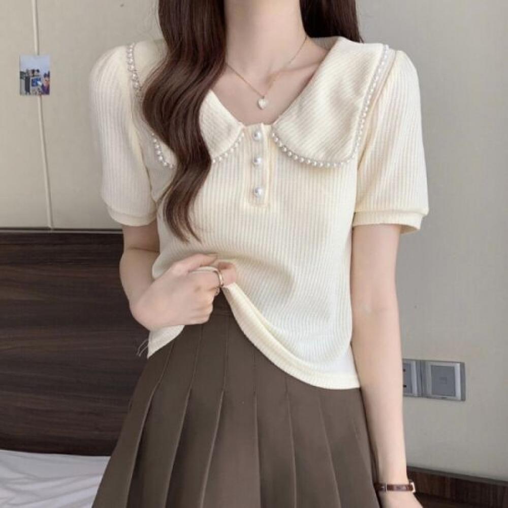 Navava Women Lovely Pearl PoinT ShorT Sleeve Collar T shirT nT2507