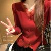 Niche V-Neck Lace Patchwork Knitwear: Autumn/Winter Slimming Cinched Waist Long Sleeve Top for Women