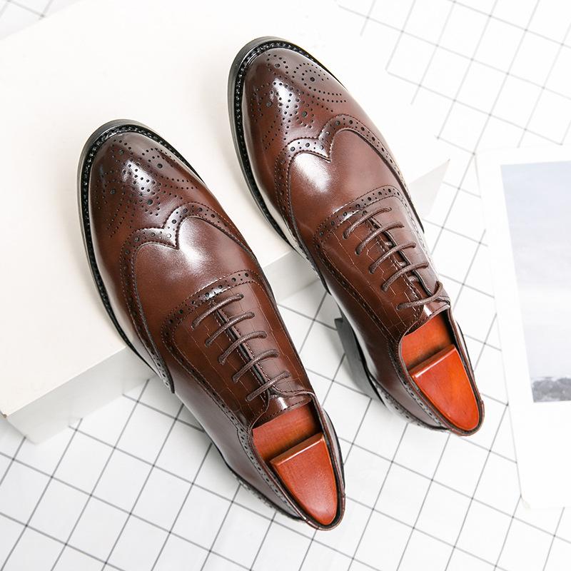 Leather Shoes British Retro Brock Carved Business Dress Casual Inner Height Increase Pointed Breathable Groom Wedding Shoes