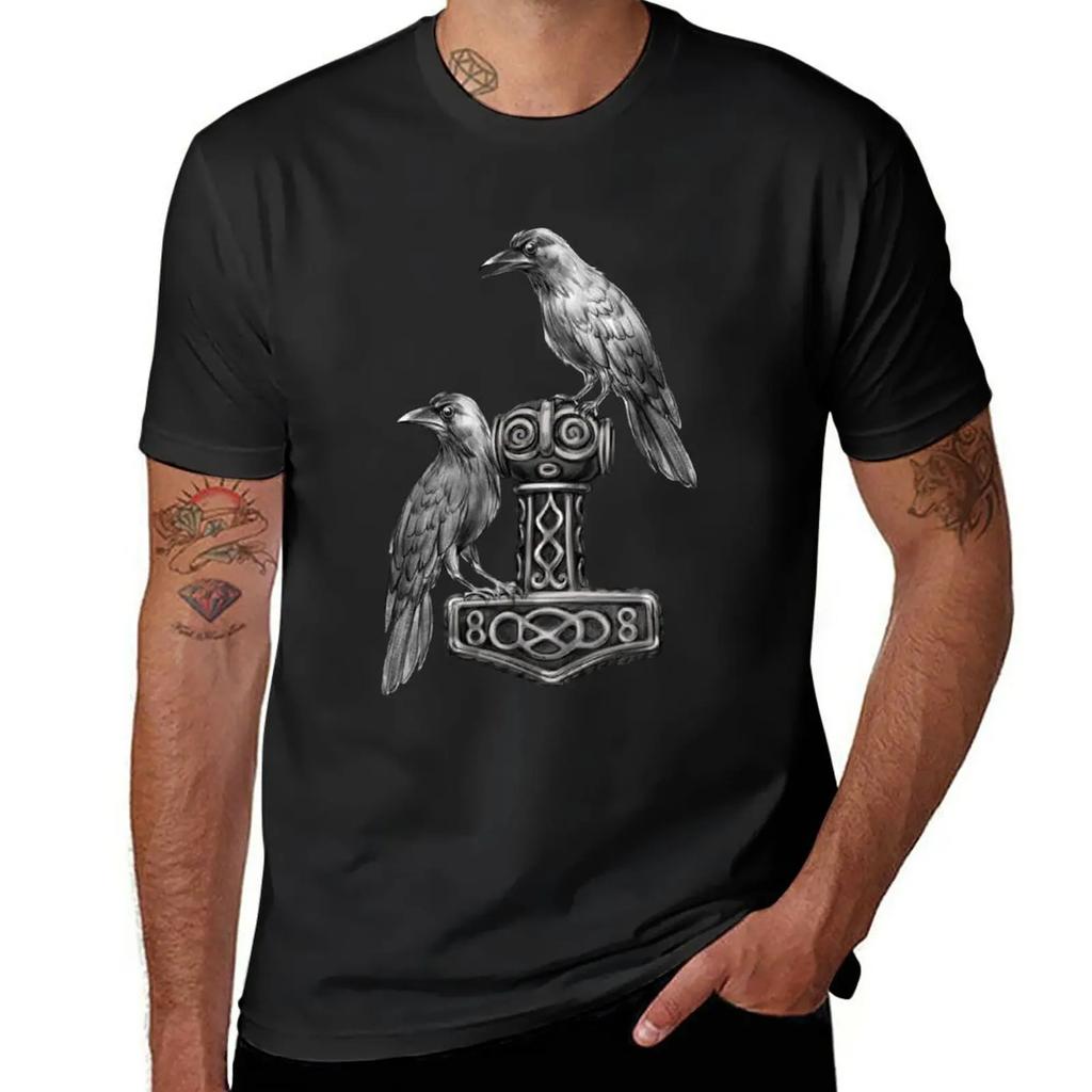 Thor Hammer Mj?lnir with Odin Ravens Hugin and Munin T-Shirt plus sizes anime clothes vintage t shirts pack