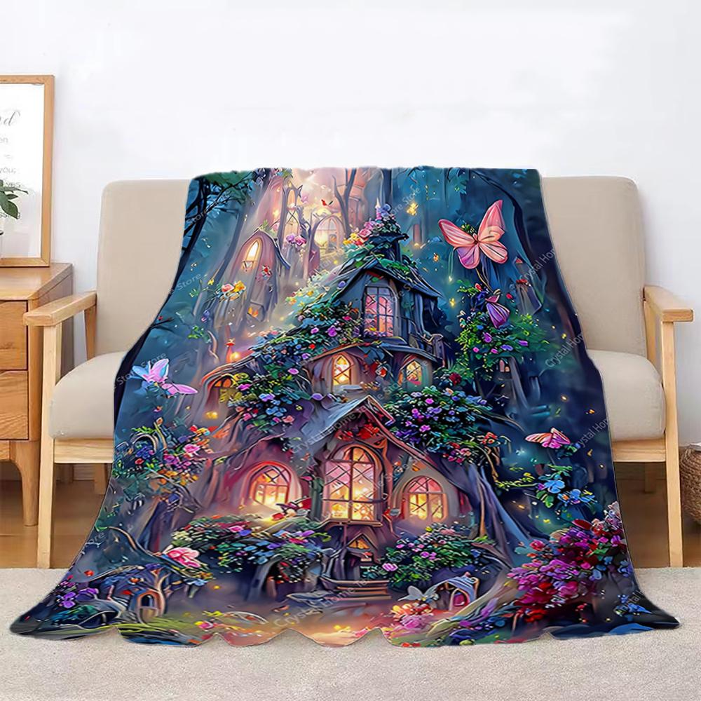 Flannel Enchanted Castle Pattern Blanket 3D Print,Soft Fleece Throw Blanket for Sofa Bed Travel Camping,Office Couch Chair Bed