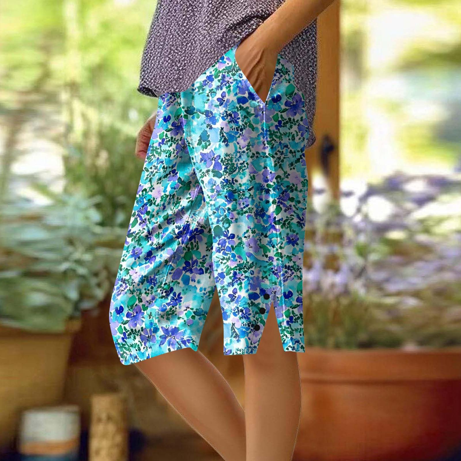

Women s Printing Pants Fashionable Pocket Elastic Waist Casual Shorts L синий