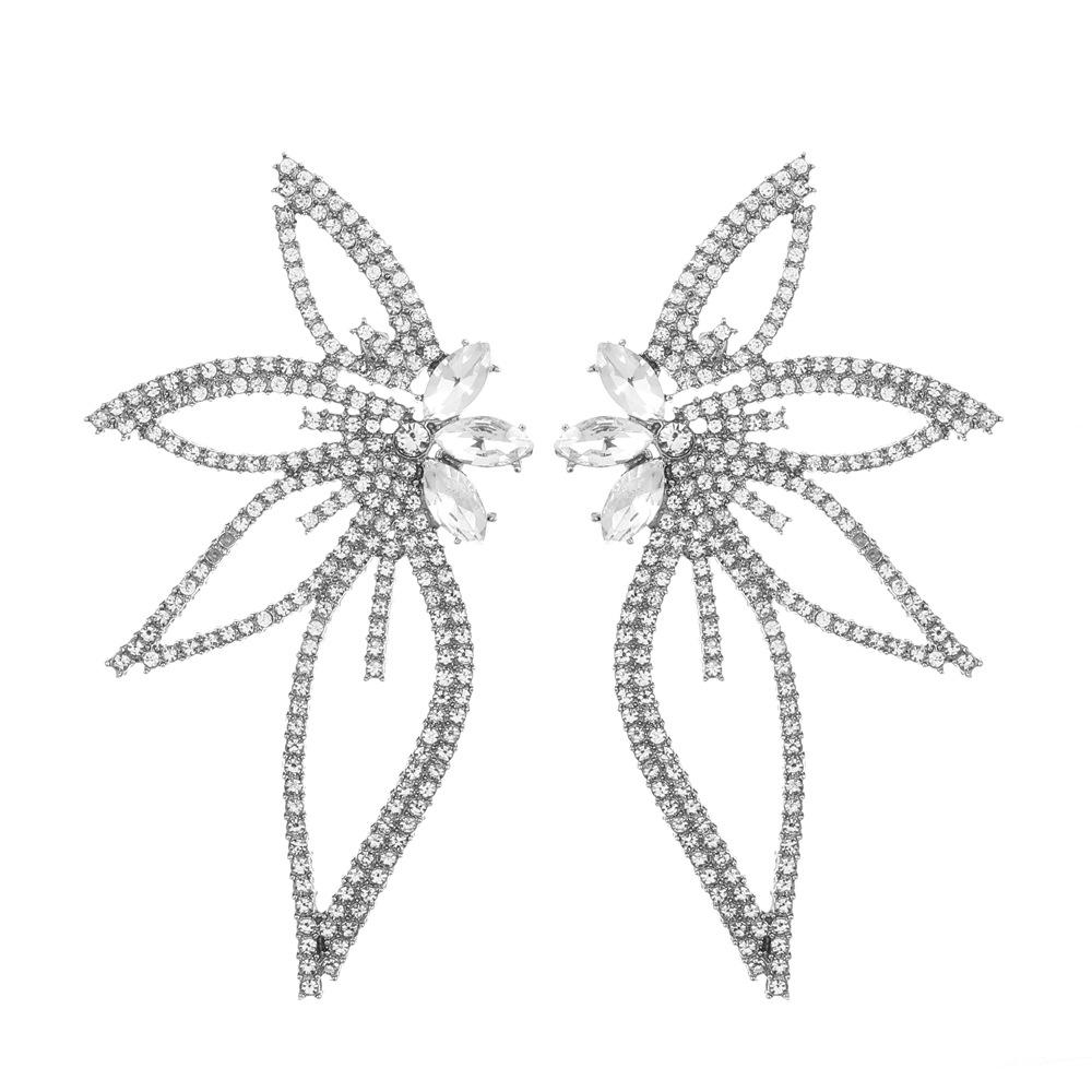 Women's Personality Fashion Big Earrings with Full Rhinestones Inlaid Maple Leaf Shape Luxury Stud Earrings for Party Wedding