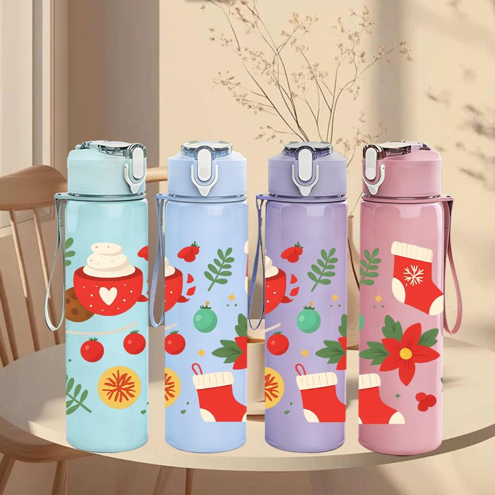 1PC Christmas Poinsettia Flower 750ml Color Plastic Sports Water Bottle Leakproof Flip Straw Lid Suitable for Sports Office Home Use