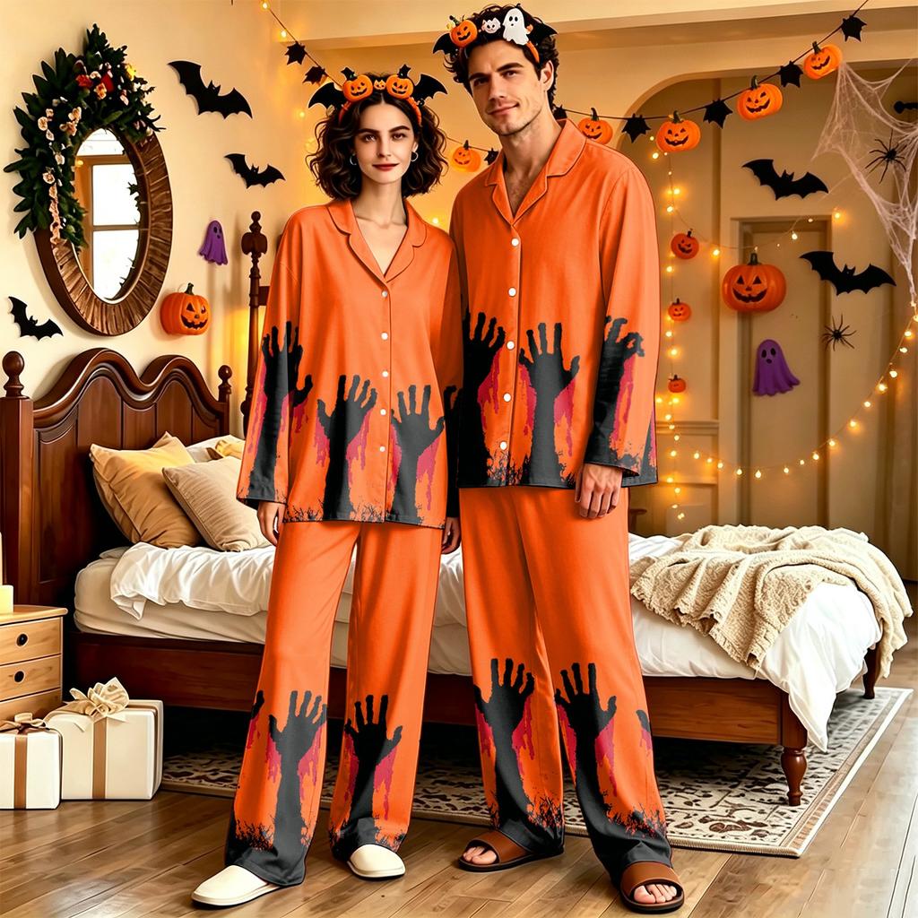 Adult Halloween Pajama Set Long Sleeve Long Pants Casual Loose Fit Sleepwear for Women and Men