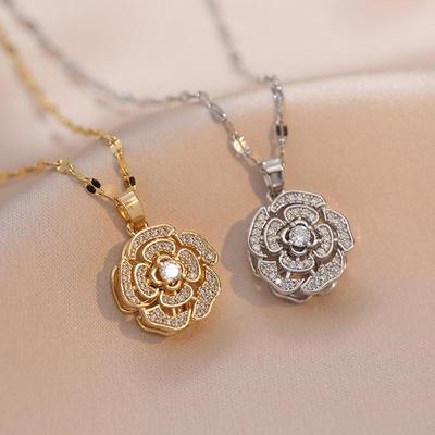 Kamelien Zirkonia Blumen Anhänger Halskette - Elegantes Rotierendes Titanstahl Design für Damen