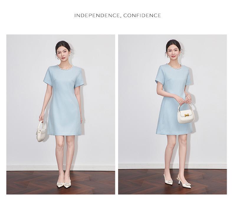 Diamond-Embellished Waist-Defining Linen Blend Dress - French Chic Women's Summer Style