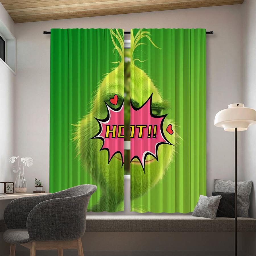 Green Cartoon Christmas Monster Print Curtains, Pole Bag Curtains, Christmas Decorations, Home Decorations, Room Decorations