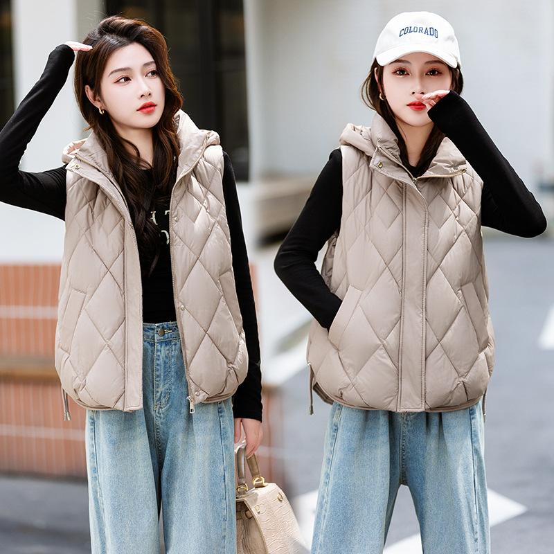 Jacket down cotton vest women's autumn and winter new temperament hooded cotton-padded vest short vest diamond