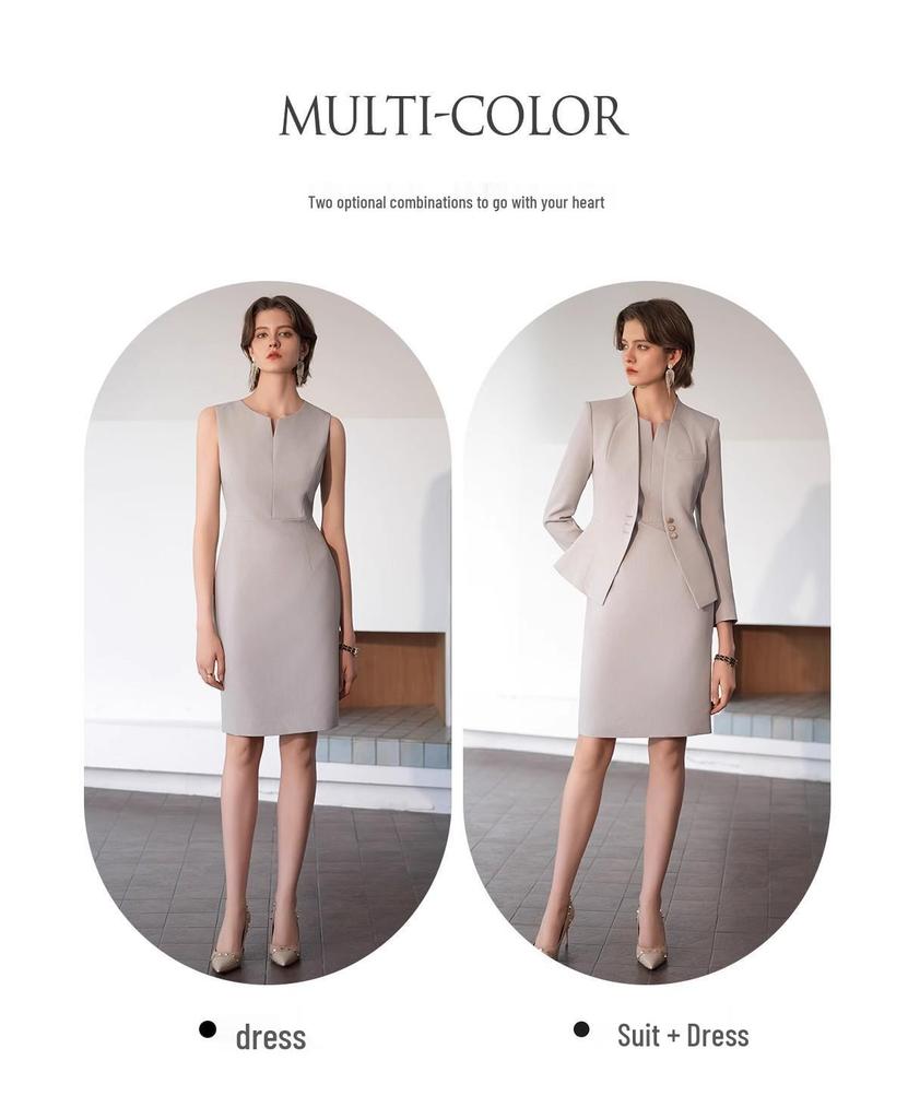 Light Gray Collarless Suit Dress Set - Slimming & Figure-Flattering Formal Workwear for Women