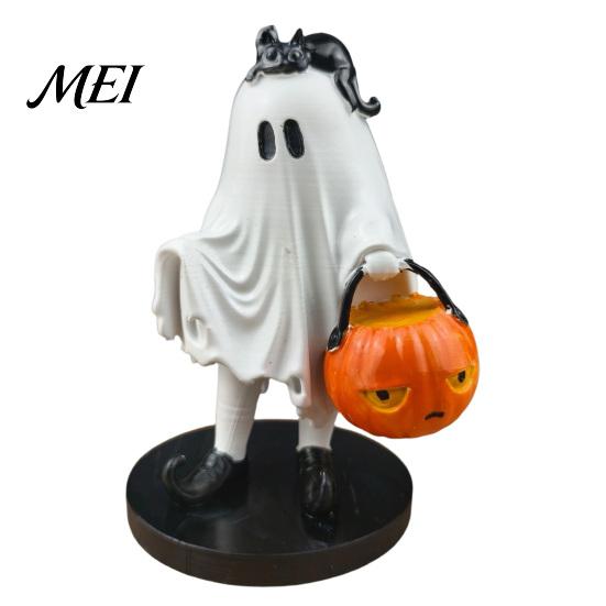 Whimsical Ghost Statue Vintage Halloween Figurine, Cute Spooky Resin with Pumpkin Figurine Bucket And Black Cat for Indoor Kitchen Home Decor A