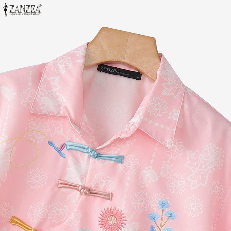 ZANZEA Women Casual Turn Down Collar Loose Short Sleeve Floral Print Blouse
