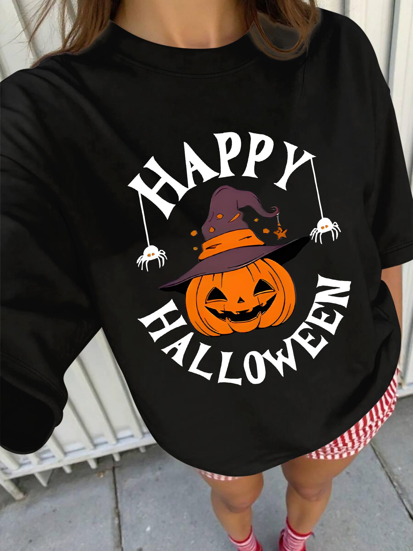 

Women s Black Short Sleeve T - shirt Happy Halloween Pumpkin Graphic Festive Stylish Casual Top S