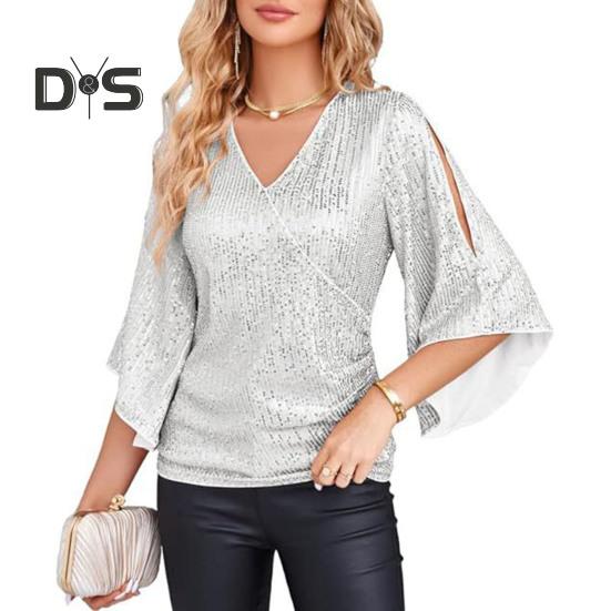 Women Top Shiny Sequin Hollow Out Three Quarter Horn Sleeve Solid Color V Neck Loose Pullover Soft Breathable Lady Commute Prom Blouse