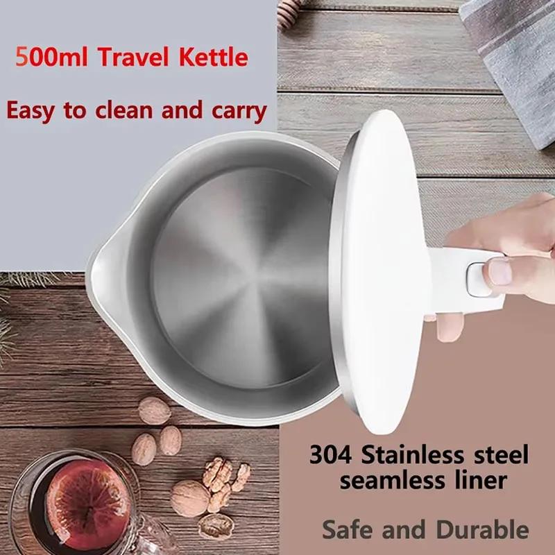 Electric Kettle 500ML Stainless Steel Portable Water Boiler Pot for Hotel Family Trip Kitchen Smart Kettle Pot Travel Tea Coffee