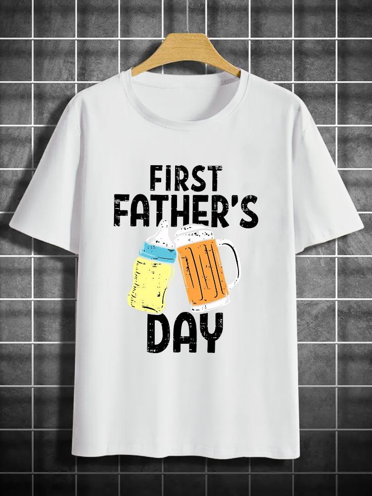 Men O Neck Tee First Father Day Beer Bottle Print Cotton Short Sleeve Loose Summer Street Daily