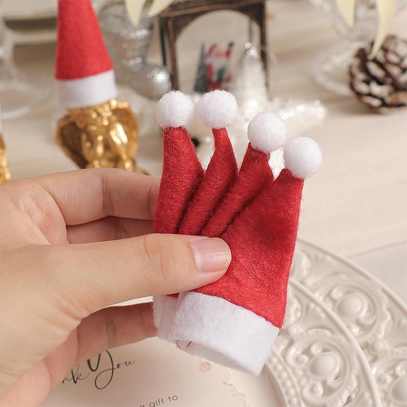 5/10/20Pcs Christmas Hat for Fork Knife Tableware Decorations Plush Mini Santa Hat Family Party Decor New Year Gifts Xmas Hat