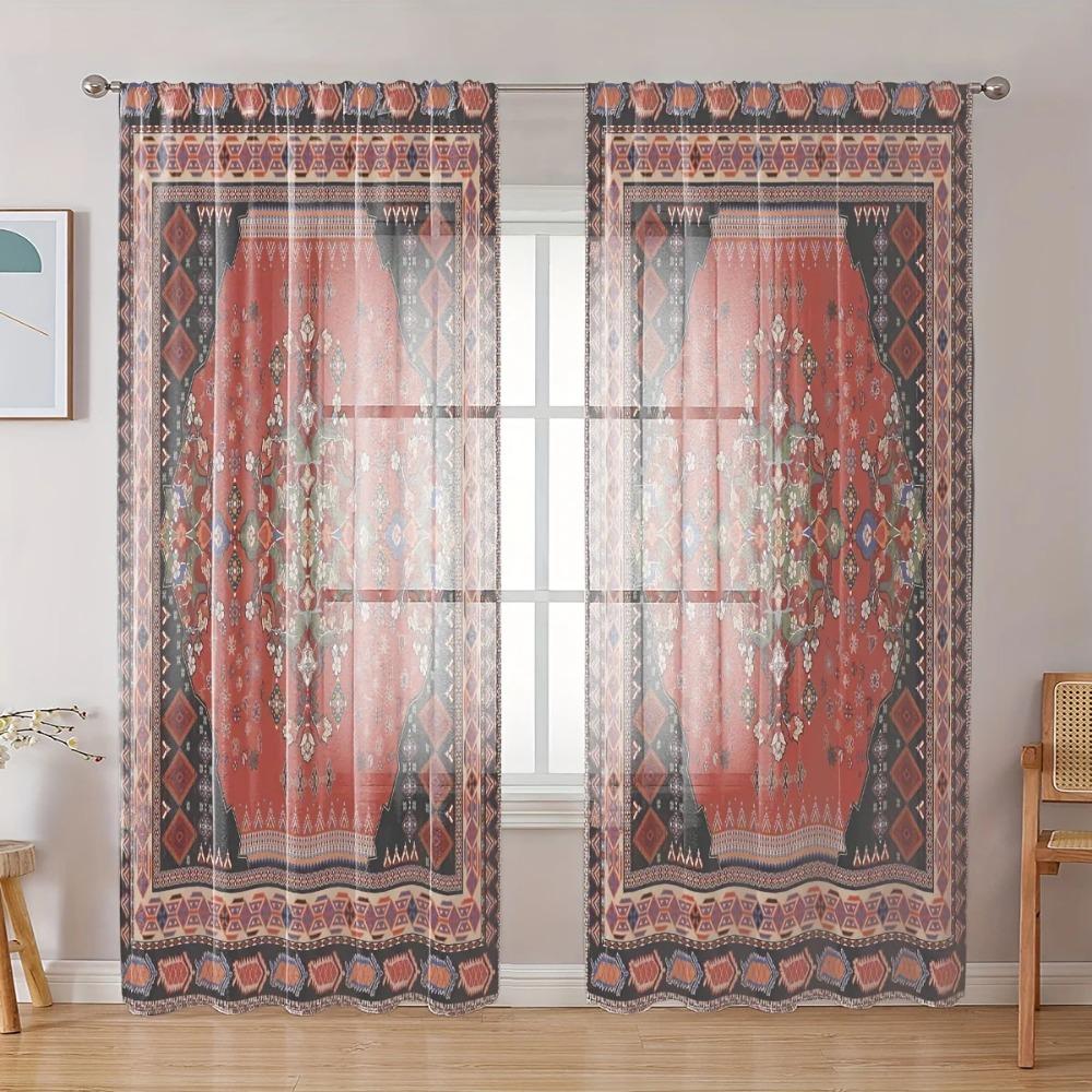 2 Stück, Böhmische Blumen Vögel Landschaft, Stangendurchzug, Digital bedruckte Vorhänge, Polyestermaterial, Geeignet für Wohnzimmer Schlafzimmer