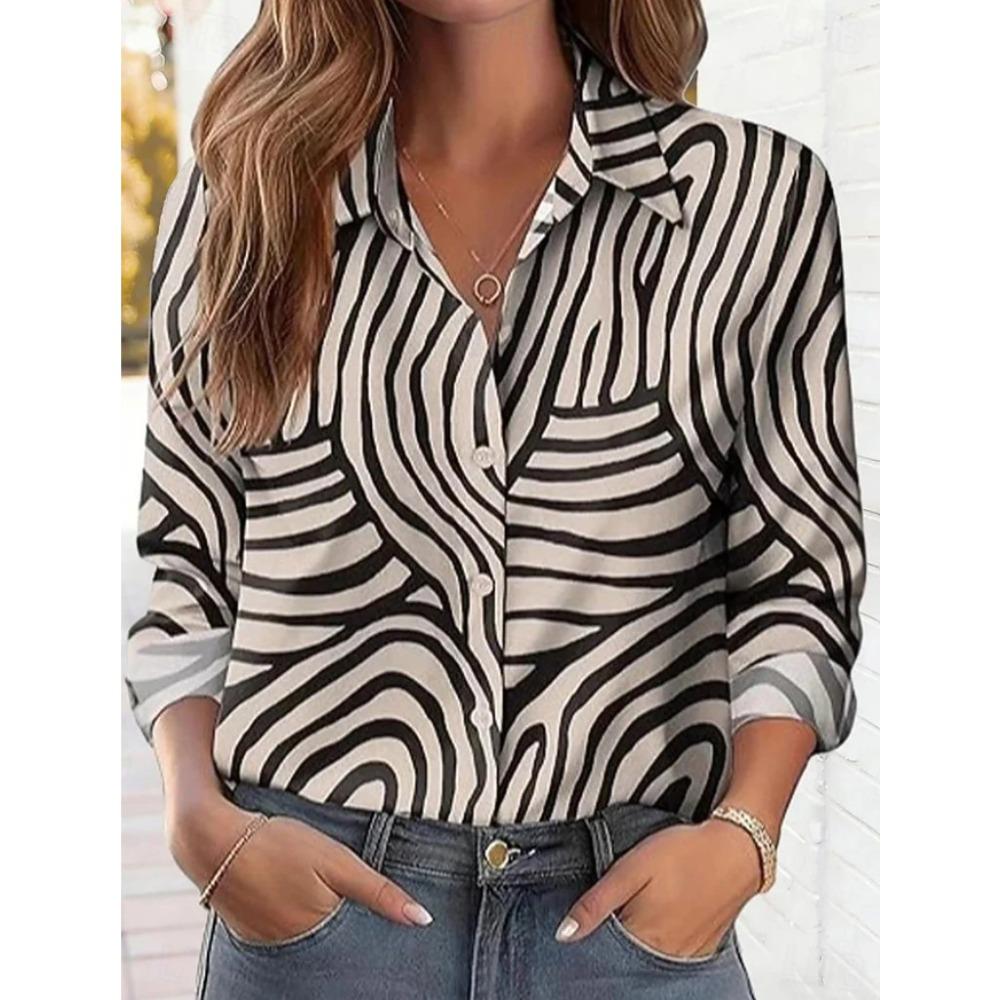Geometric Print Women Blouse Spring Autumn Femme Office Lady Button Up Turn Down Collar Shirts