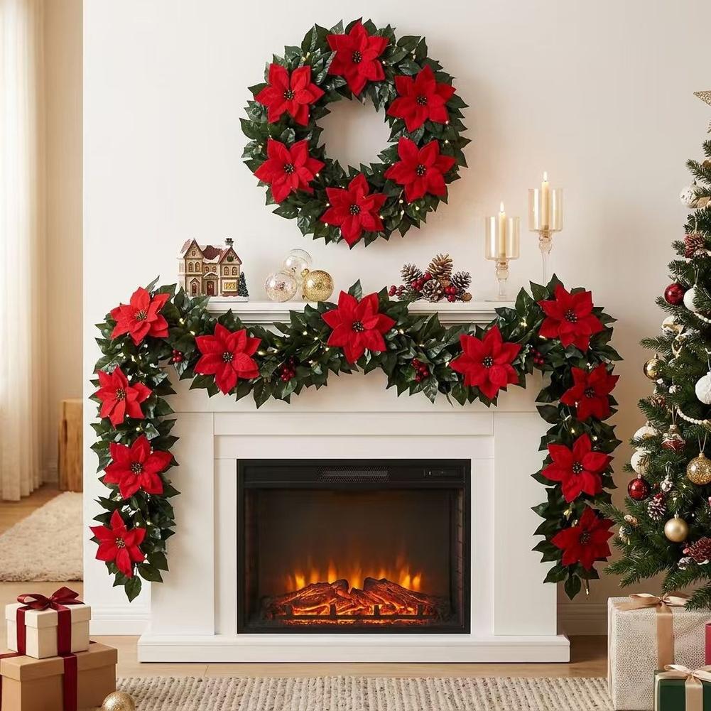 Poinsettia Garland Set 2 Pieces 5.74 Ft Each Lightweight Flexible Design for Christmas Fireplace and Wall Decor