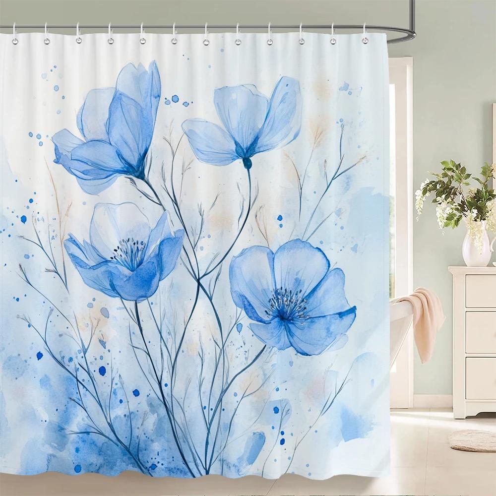Beautiful Flowers Butterfly Shower Curtain Blue Floral Printed Bathroom Bath Curtain Home Decoration Curtain With Hooks