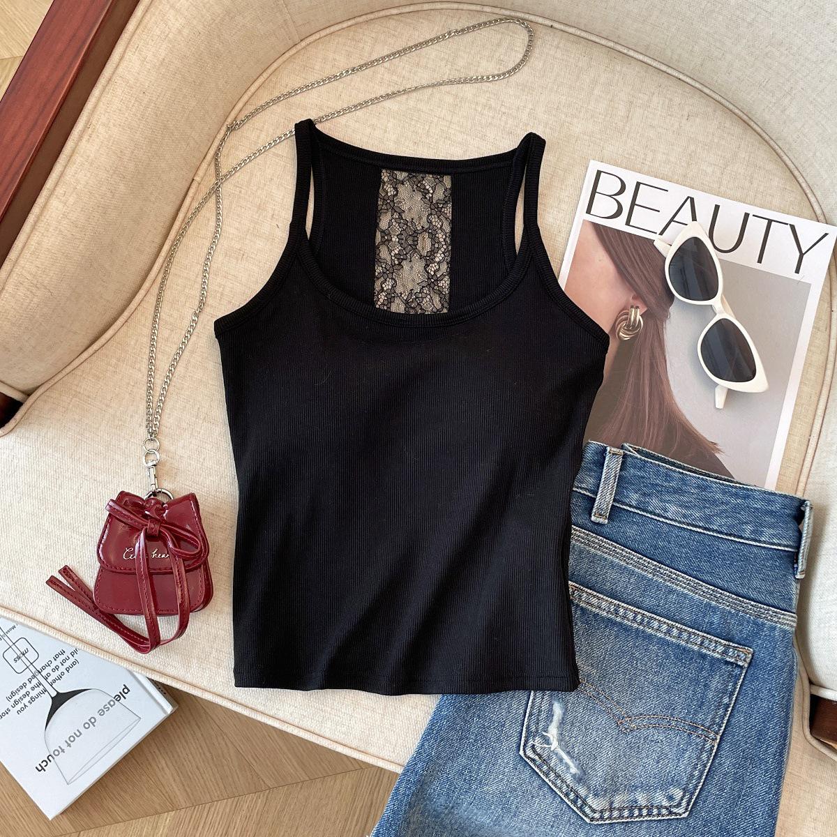 

Женский серый топ-ками с кружевной вставкой пэчворк без спины с нагрудными вкладышами One Size 75-120 jin чёрный