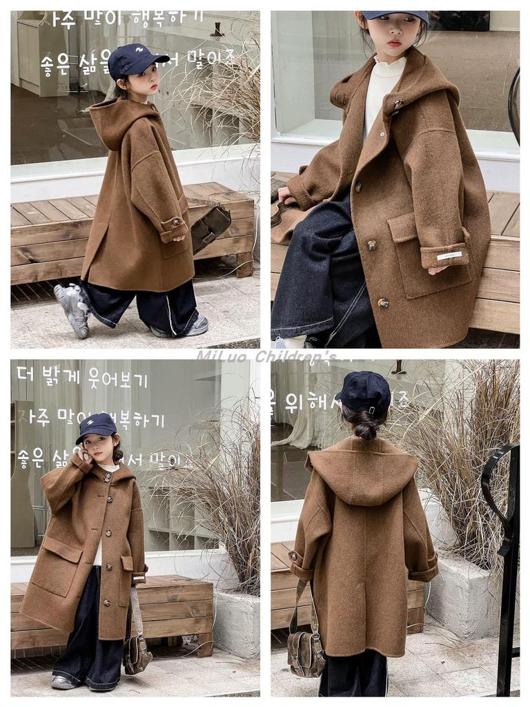 Korean Style Girls' Double-Sided Cashmere Coat - Medium & Large Children's Mid-Length Outerwear for Autumn & Winter