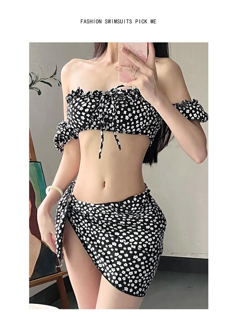 2024 Floral One-Shoulder Tube Top Swimsuit Set: Sexy Three-Piece with Split Skirt