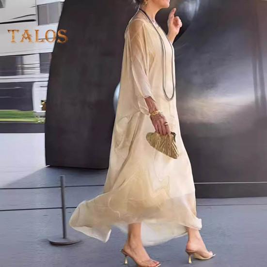 Rochie maxi pentru femei, fluidă, cu gât rotund, mâneci liliac neregulate, cu texturi de marmură, imprimate supradimensionate, până la gleznă, ocazională.