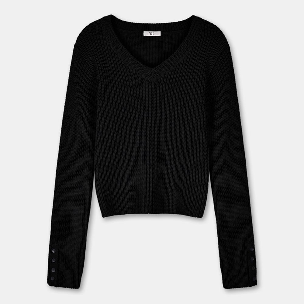 ODER Back Slit Ribbed Button Pullover - Black