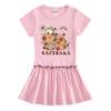 Summer Girls' Cartoon Raglan Short Sleeve Pleated Dress with Ruffle Skirt