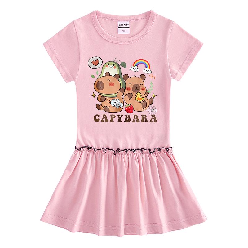 Summer Girls' Cartoon Raglan Short Sleeve Pleated Dress with Ruffle Skirt