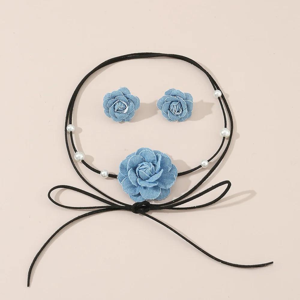 Temperament Blue Flower Pearl Pendant Necklace Earrings Set for Women Trendy Long Bowknot Rope Chain Chokers Party Jewelry Set