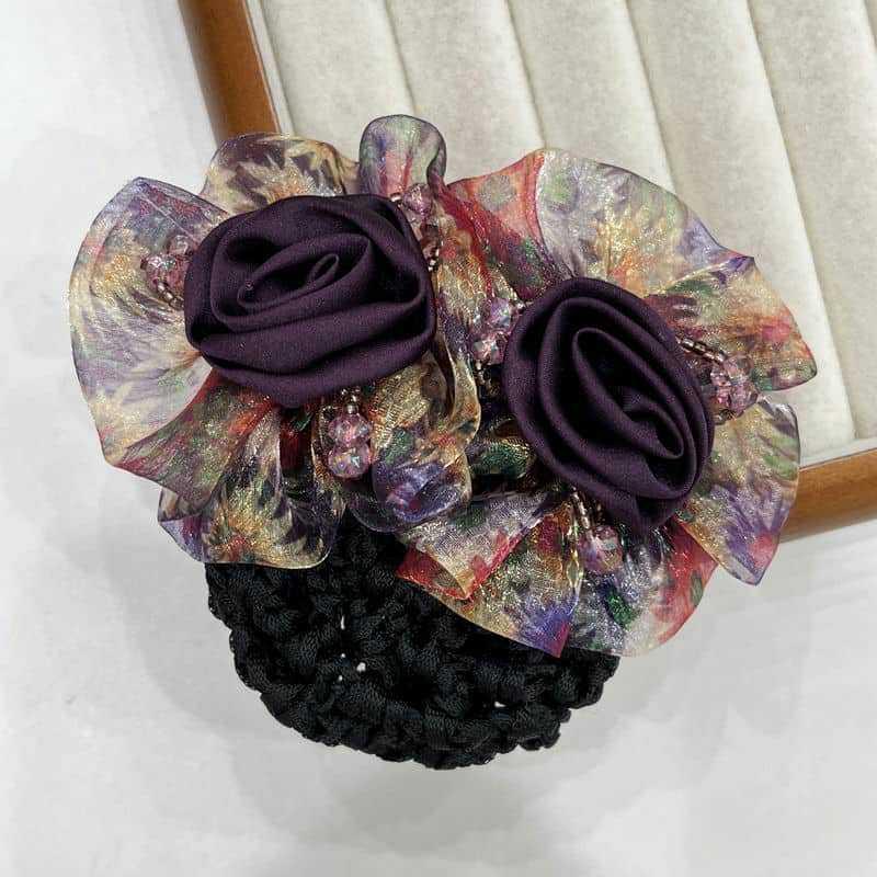 Women Hair Bun Cover Net Snood Hairnet Bow Barrette French Hair Clip Bow Ribbon Flower Hair Accessories For Banks Hotels Staff