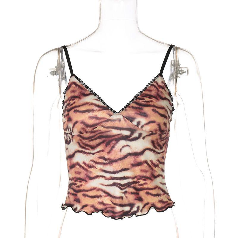 Shemoda Fashion Style Sexy All-Match Lace Patchwork Tiger Stripe Pattern V-neck Lace Spaghetti-Strap Camisole Top Women's Clothing