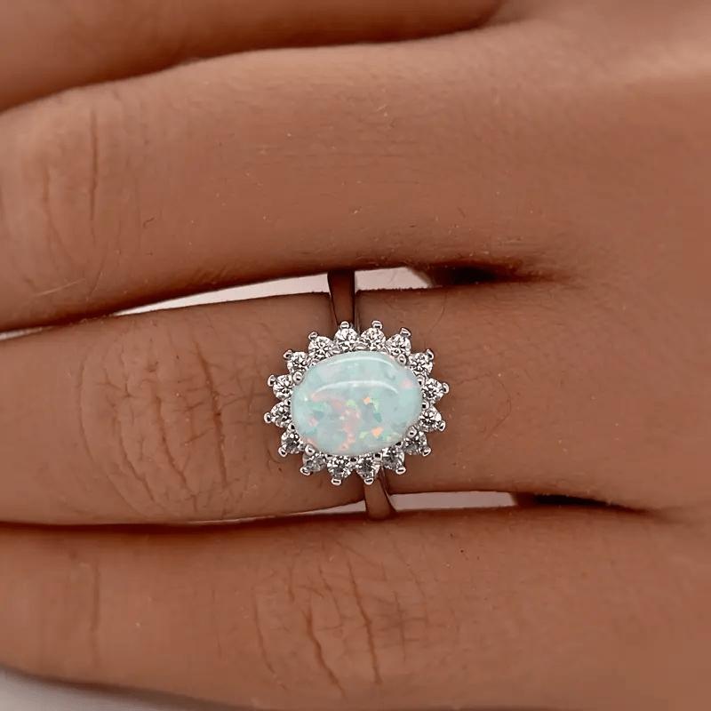 1A gorgeous Bohemian silver-plated ring with opal, a promise ring-Sparkling Rhinestone and Colorful Light Girl's Ring