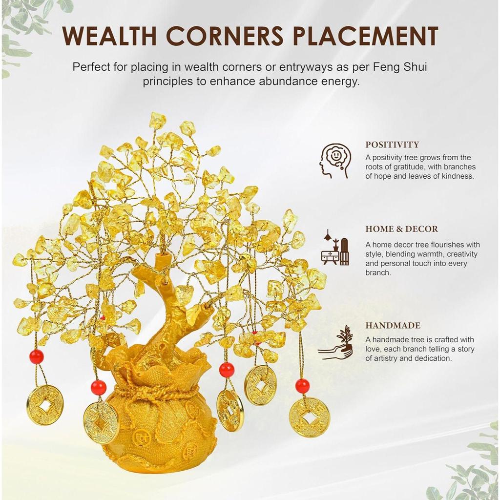 Citrine Crystal Money Tree with Feng Shui Coins – Wealth & Prosperity Tree for Home & Office Décor – Spiritual Gift for Good Luck
