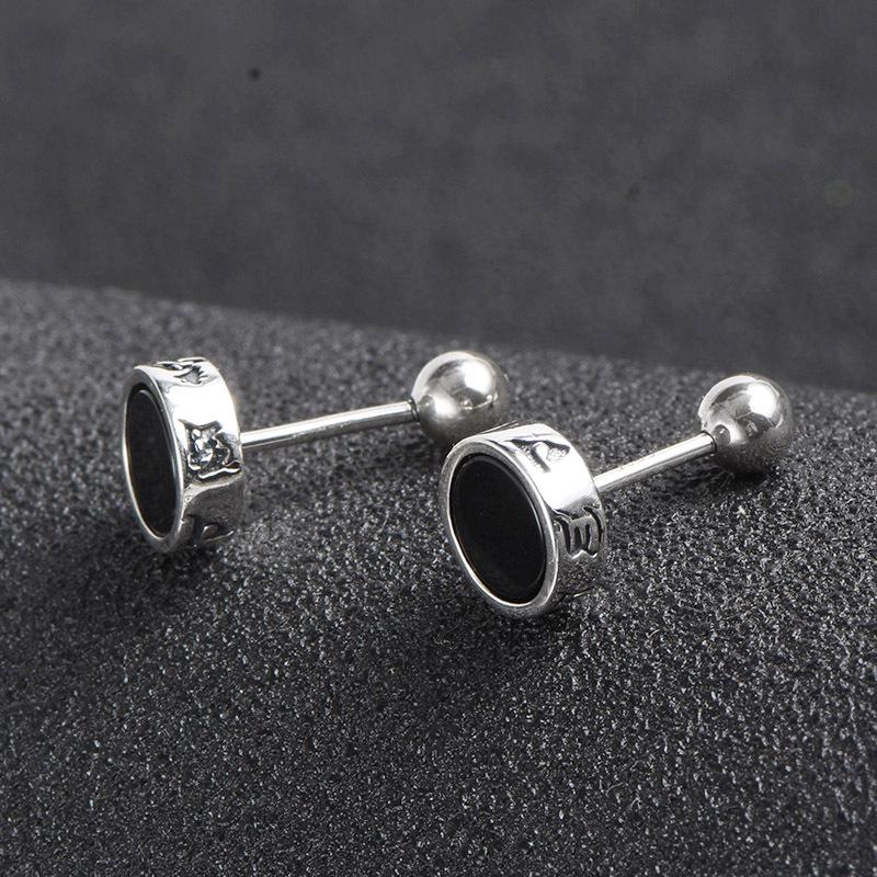 Men's Silver-Plated Round Stud Earrings: High-End, Fashionable, Minimalist Design with Six-Character Mantra - Black.