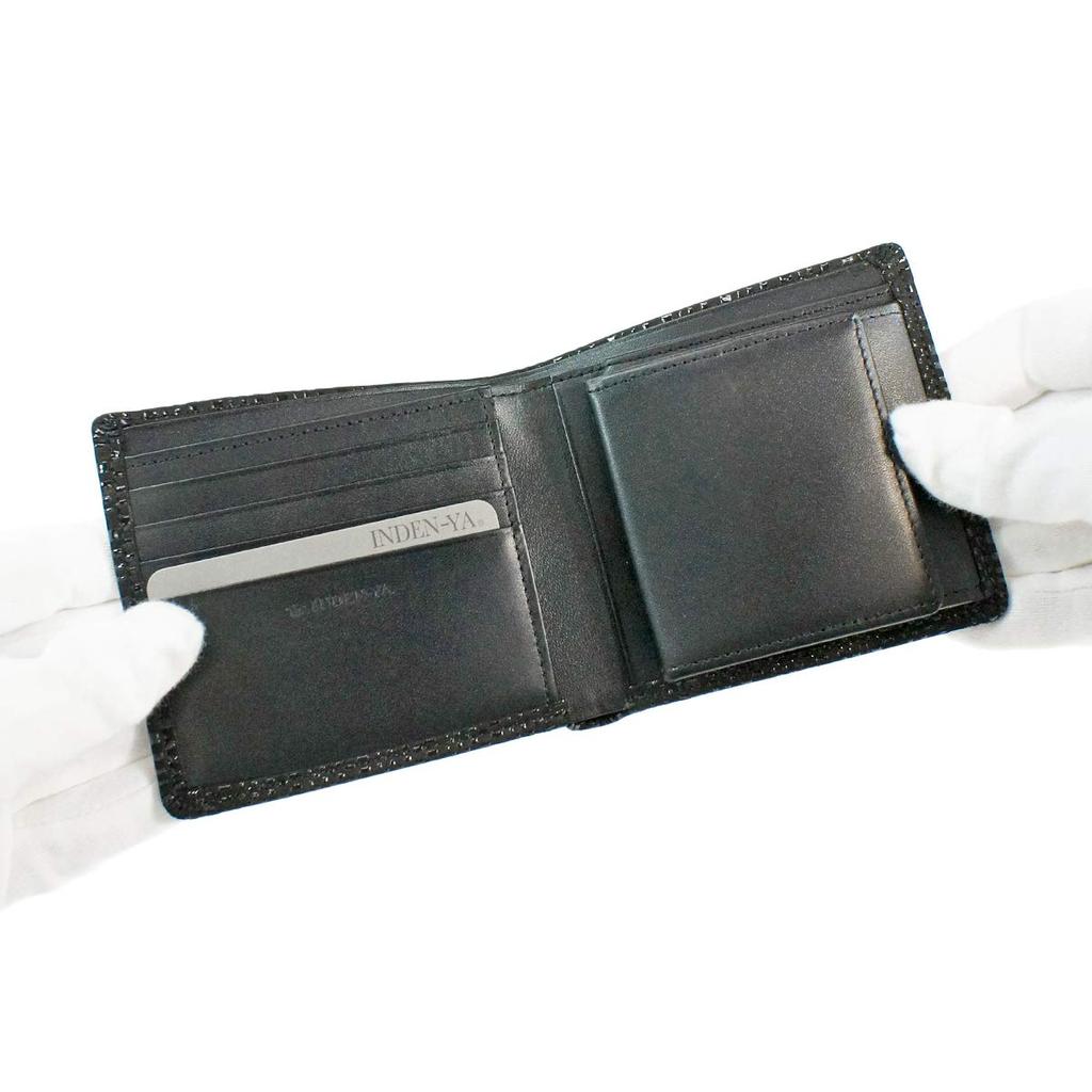 [Inden-ya] Inden Bifold Wallet with Small Bill Compartment and Box-Shaped Coin Purse, Deerskin Leather, Black with Black Lacquer, Checkered Pattern,