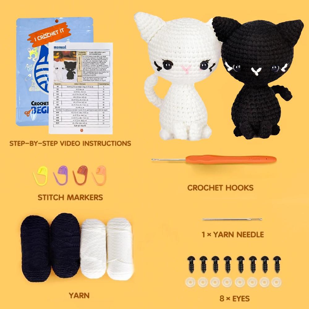 Black white Cat Amigurumi Halloween and Christmas Gifts, DIY Crochet Cats Kit, crochet kit cat forbeginners, crochet kit cat