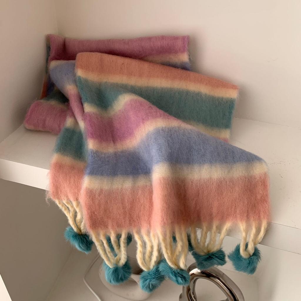 Dopamine Color Striped Handmade Hairball Warm Scarf Women's Winter Thickened Cold-proof Couple Scarf Shawl