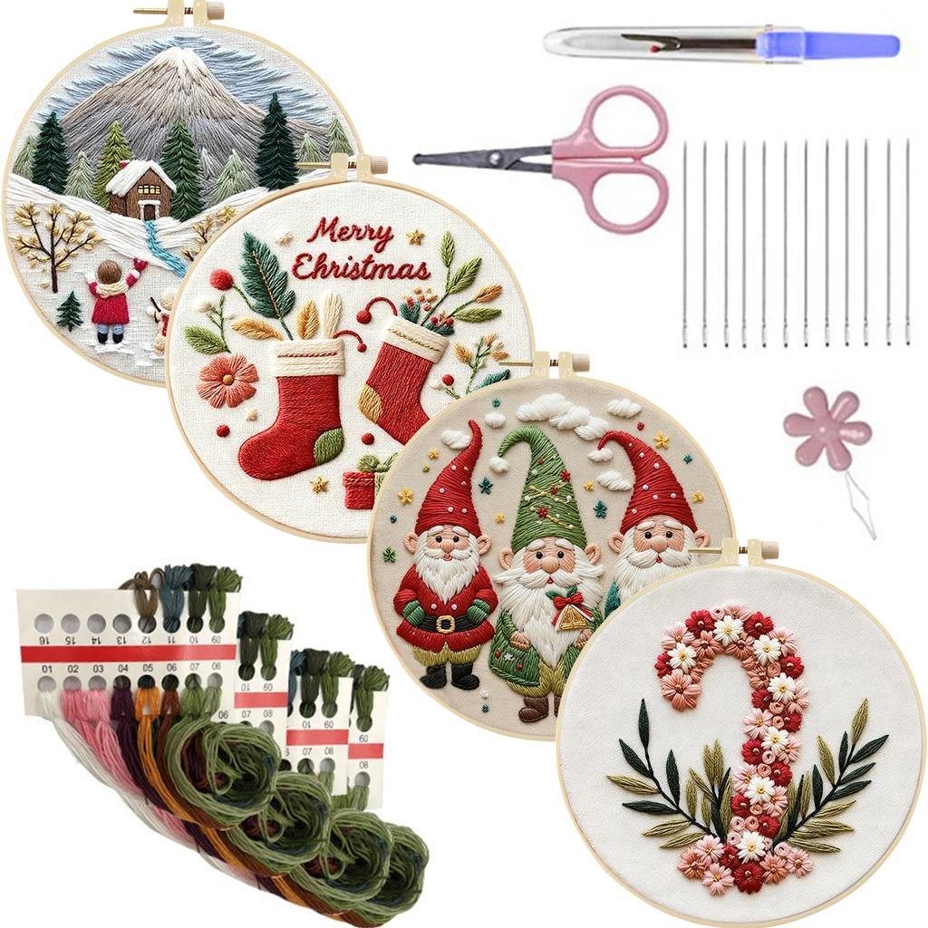 4pcs Embroidery Starter Kit with Embroidery Hoop Needles Threads Instruction Cross Stitch Set with Christmas Patterns for Adults