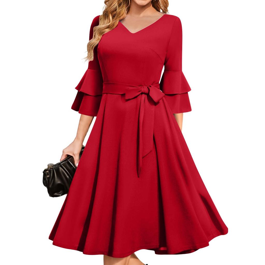 Women's Elegant Bell Sleeve Cocktail Party Dresses For Wedding Guest Fit And Flare Church Midi Evening Dress