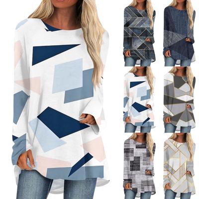 Camiseta Casual de Moda para Mujer Estampada Manga Larga Cuello Redondo Top Mediano Largo