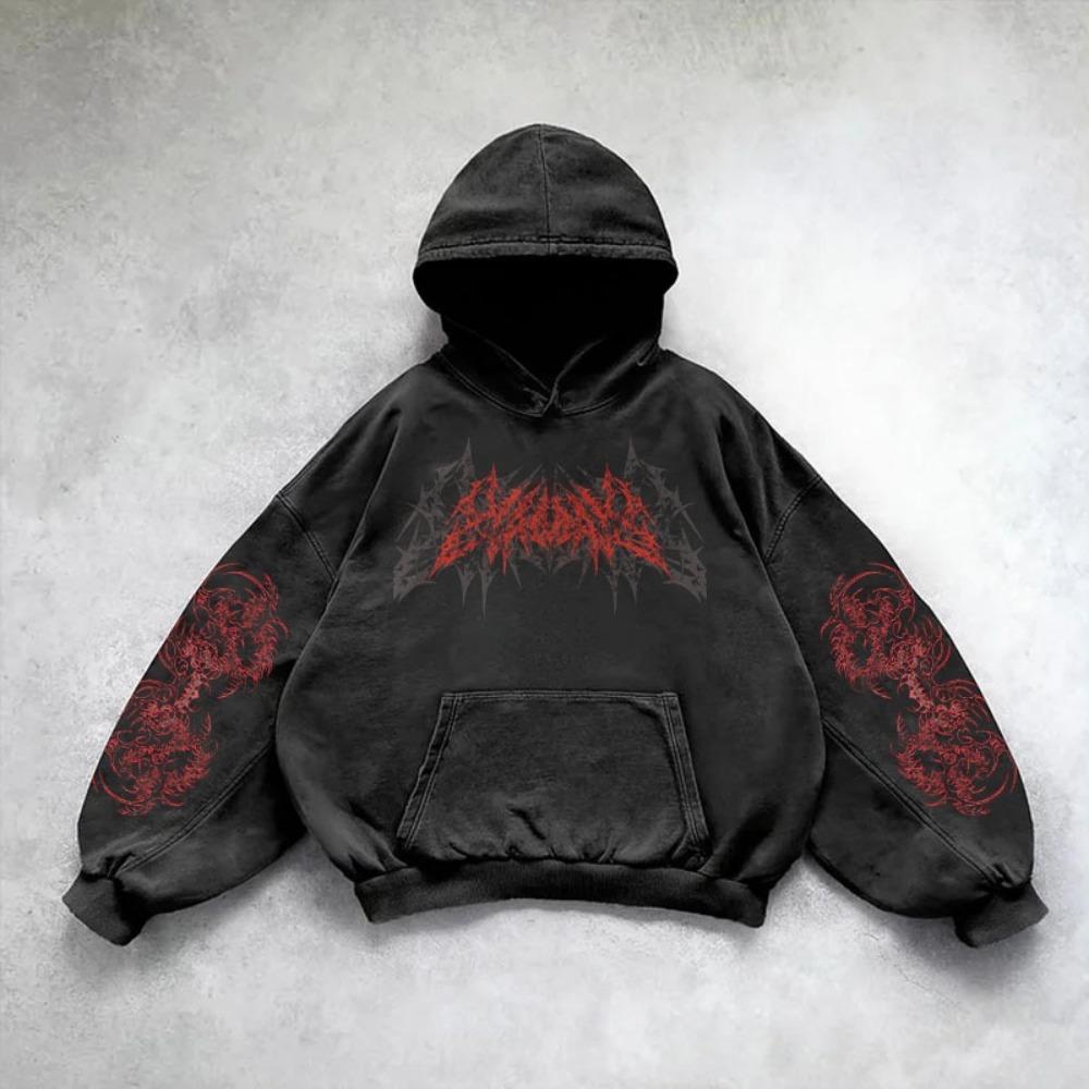 Retro Gothic Graphic Print Hip Hop Hoodie for Men Y2k Grunge Punk Casual Loose Pullover Women Streetwear Sweatshirt Hoodies